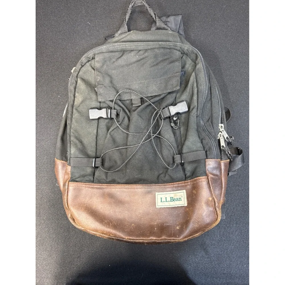 LL Bean Vintage Canvas Backpack Brown Leather Bottom Black Daypack School Bag